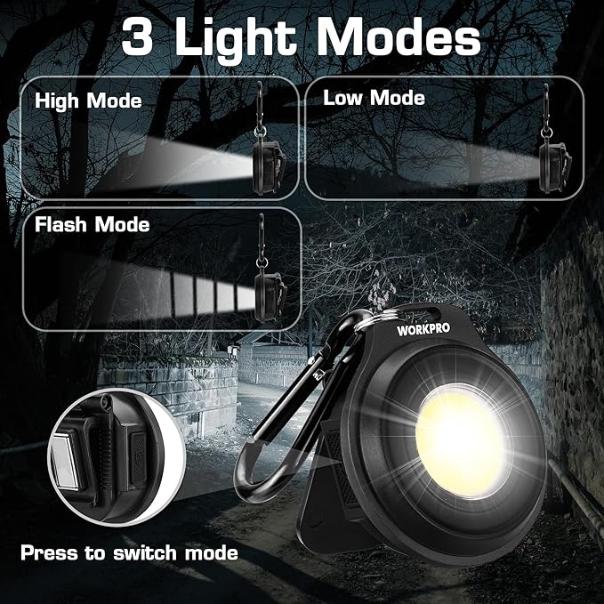 WORKPRO COB Keychain Light, 2Pcs Small Work Keychain Flashlight with Hat Clip, EDC Rechargeable Magnetic 3 Light Modes Carabiner Flashlight for Running, Emergency Hiking and Repairing, Black