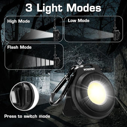 WORKPRO Mini Keychain Work Light, COB Keychain Flashlight with Hat Clip, Rechargeable Magnetic EDC Carabiner Flashlight, 3 Light Modes Emergency Light for Camping, Biking and Car Repairing, Black