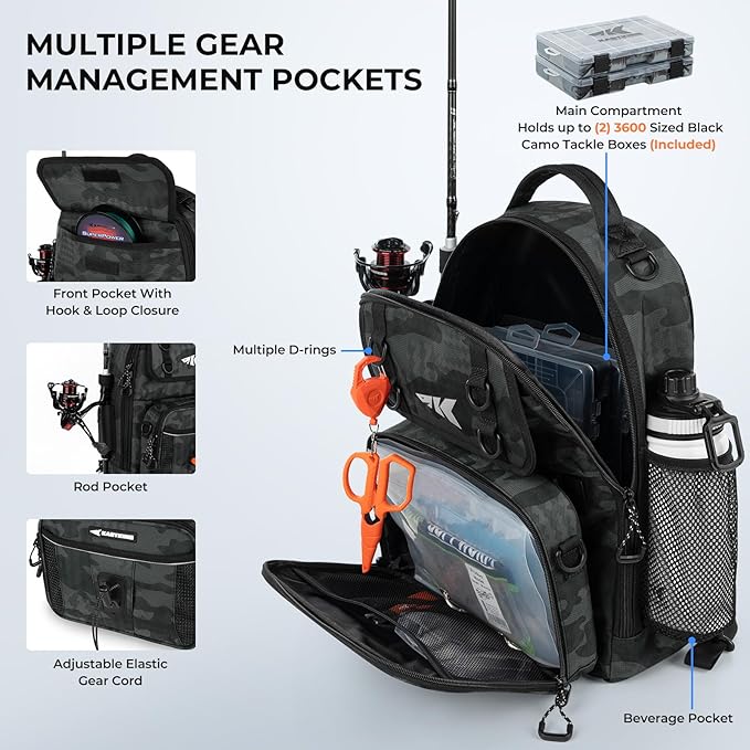 KastKing BaitSpace Fishing Sling Bag, Fishing Backpack with Rod & Beverage Holder, Tackle Bag for Fishing Gear