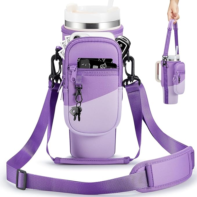 Water Bottle Carrier Bag with Phone Pocket for Stanley 40 & 30 oz Tumbler with Handle,Pink Insulated Neoprene Cup Holder Pouch w/Adjustable Strap for Quencher H2.0 Stanley Cup Accessories