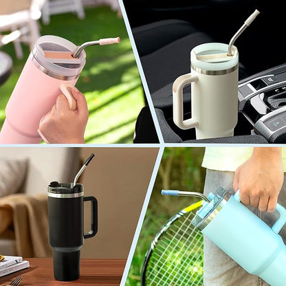 Reusable Stainless Steel Straws with Silicone Tip for Stanley 40oz, Metal Drinking Straws for 40oz Tumbler,3 Bent Tubes & 6 Tips& 1 Cleanr Brush (Cream)