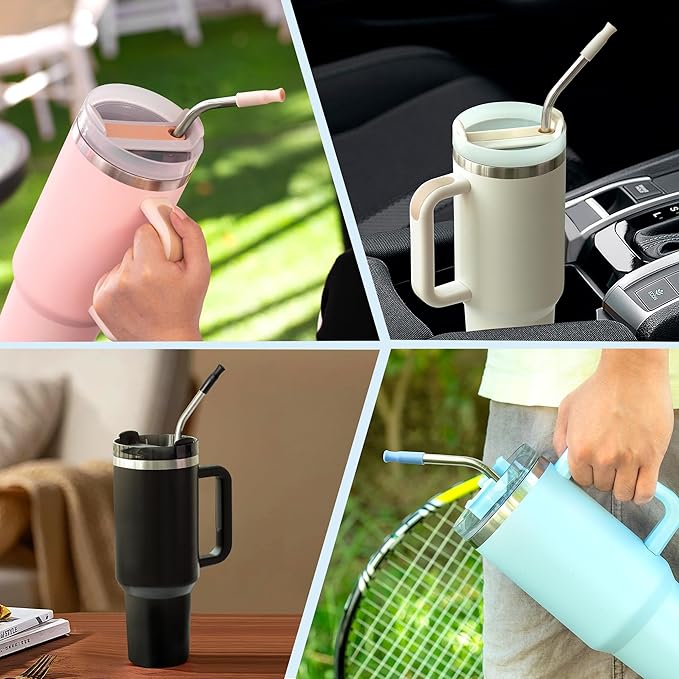 Reusable Stainless Steel Straws with Silicone Tip for Stanley 40oz, Metal Drinking Straws for 40oz Tumbler,3 Bent Tubes & 6 Tips& 1 Cleanr Brush (Pink Dusk)
