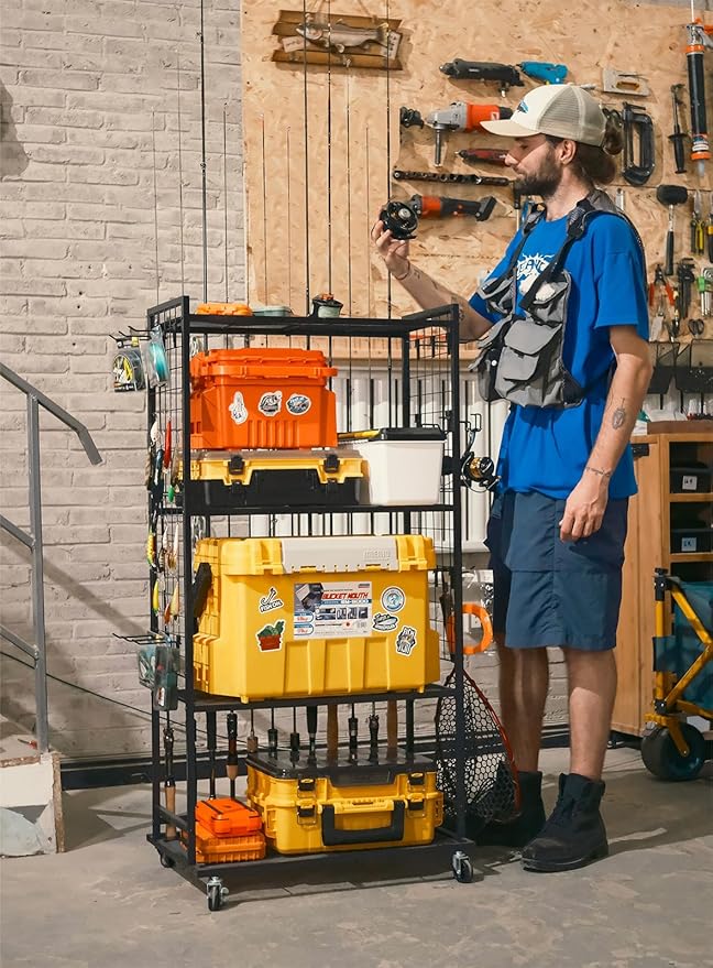 SOYEEZE Fishing Rod Holders for Garage, 4 Tier Adjustable Fishing Pole Holders Up to 12 Rods, Fishing Rod Rack with Lockable Wheels for Large Tackle Box Storage and Fishing Equipment Organization