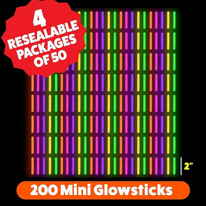 PartySticks Mini Glow Sticks 200 Pack Glow-in-the-Dark Small, for Easter Eggs, 5 Colors, Neon Light Sticks Bulk Party Favors, Easter Basket Stuffer Party Pack, Weddings Classroom Decorations Prizes