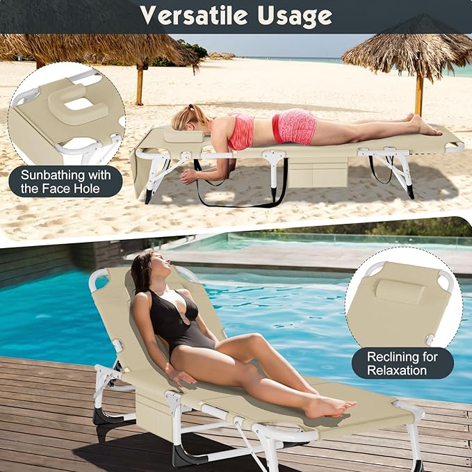 MOPHOTO Tanning Chair, Outdoor Sunbathing Lounge Chair 5-Position, Folding Chaise Lounger, Sun Tanning Lounger with Face Hole, Perfect for Pool Beach Patio
