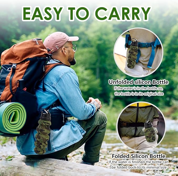 Collapsible Travel Water Bottle18oz, Reuseable Silicone Foldable Water Bottles for Gym Camping Hiking, Portable Leak Proof Sports Water Bottle with rugby Carabiner (Dark gray)