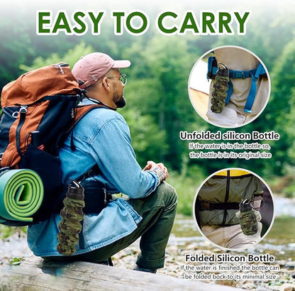 Collapsible Travel Water Bottle18oz, Reuseable Silicone Foldable Water Bottles for Gym Camping Hiking, Portable Leak Proof Sports Water Bottle with rugby Carabiner (Grey)