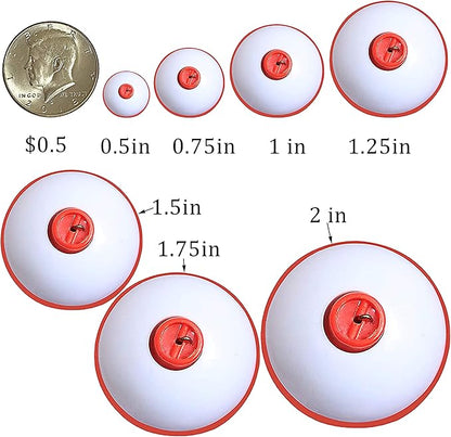 Fishing Bobbers Set Snap Hard ABS on Red/White Fishing Floats Bobbers Push Button Round Buoy Floats Tackle Accessories Size: 0.5/0.75/1/1.25/1.5/2/2.5 Inch