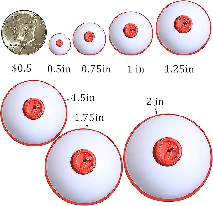 Fishing Bobbers Set Snap Hard ABS on Red/White Fishing Floats Bobbers Push Button Round Buoy Floats Tackle Accessories Size: 0.5/0.75/1/1.25/1.5/2/2.5 Inch