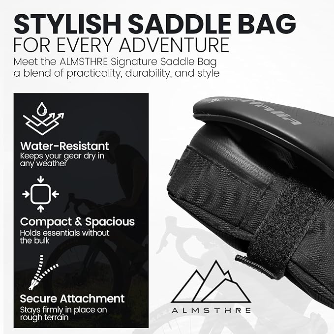 ALMSTHRE Signature Bike Saddle Bag – Midnight Black | 0.5L Bike Seat Bag (3" x 5.25" x 2") | Water-Resistant Ripstop, Waterproof Zipper, Internal Pocket | Durable Under Seat Storage