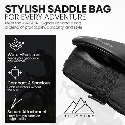 ALMSTHRE Signature Bike Saddle Bag – Midnight Black | 0.5L Bike Seat Bag (3" x 5.25" x 2") | Water-Resistant Ripstop, Waterproof Zipper, Internal Pocket | Durable Under Seat Storage