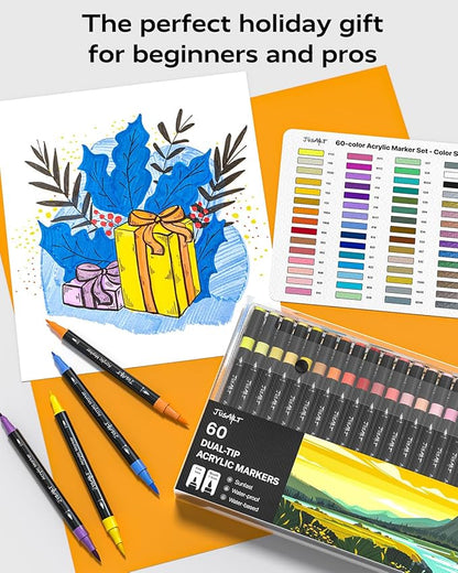 JusArt 48 Colors Dual Tip Acrylic Paint Pens Markers, Brush and Fine Tip, Premium Paint Pens for Wood, Canvas, Egg, Stone, Fabric, Rocks, Metal, Glass, Ceramic, DIY Crafts Making Art Supplies Gifts