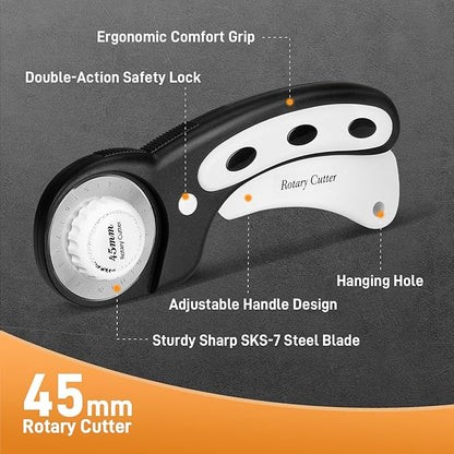 Teslong 45mm Rotary Cutter for Fabric, Extra 8pcs Replacement Blades, Ergonomic Handle Fabric Cutter Wheel with Safety Lock for Fabric, Leather, Paper, Crafting, Sewing, Quilting, Left & Right Hand