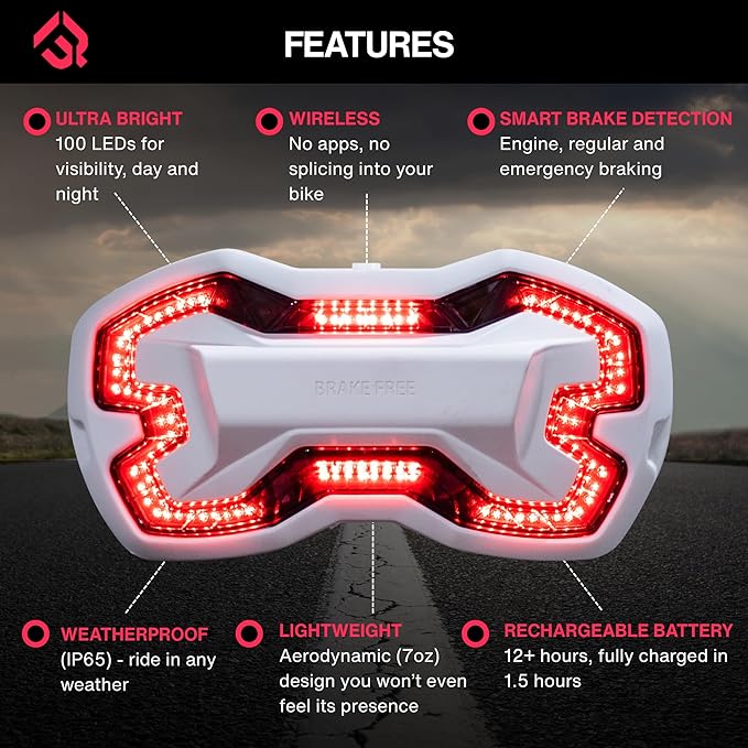 Brake Free Helmet Light - Smart Wireless Motorcycle Lights- Weatherproof LED Motorcycle Helmet Light - Lightweight & Aerodynamic Design - Smart Brake Detection - Single Button Operation - White