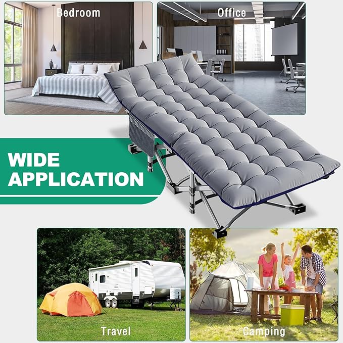 LILYPELLE Folding Camping Cot, Extra Wide Heavy Duty Sleeping Cots with Carry Bag, Double Layer Oxford Portable Travel Camp Cots for Home, Office Nap and Outdoor Beach