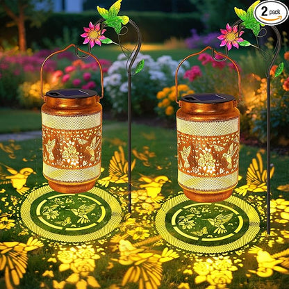 2 Pack Hummingbird Solar Lanterns Outdoor Waterproof Solar Garden Decor, Birthday Gifts for Christmas Women Mom Grandma, Metal Hanging Lights with Shepherd Hook for Yard Patio Pathway Backyard Porch