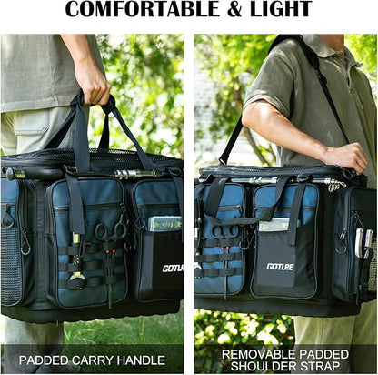 Goture Large Tackle Bag,1800D PVC Waterproof Saltwater Gear Storage Big Fishing Bag with EVA Bottom,Store Up to 8PCS 3700 Plus 4PCS 3600 Tackle Trays(Not Included),20.87”x11.42”x15.16”