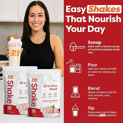 310 Nutrition All-In-One Meal Replacement Shake Powder - Plant-Based Protein Protein Powder with High-Fiber, Probiotics, Digestive Enzymes & Adaptogens - Low Carb Vegan Keto Friendly Superfoods Smoothie - Peppermint Swirl - 28 Servings