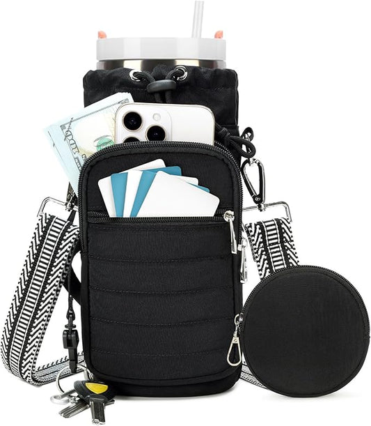 Water Bottle Carrier Bag with Strap, Sling Bag for Walking, Hiking, Cycling, Black, 40 Ounces