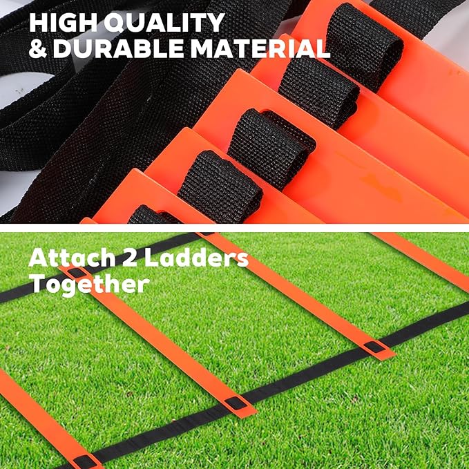 Pro Agility Ladder Soccer Kick Trainer Set 20ft 12 Rung 10 Cones and 4 Stakes Speed Agility Football Training Equipment with Carrying Bag ﻿