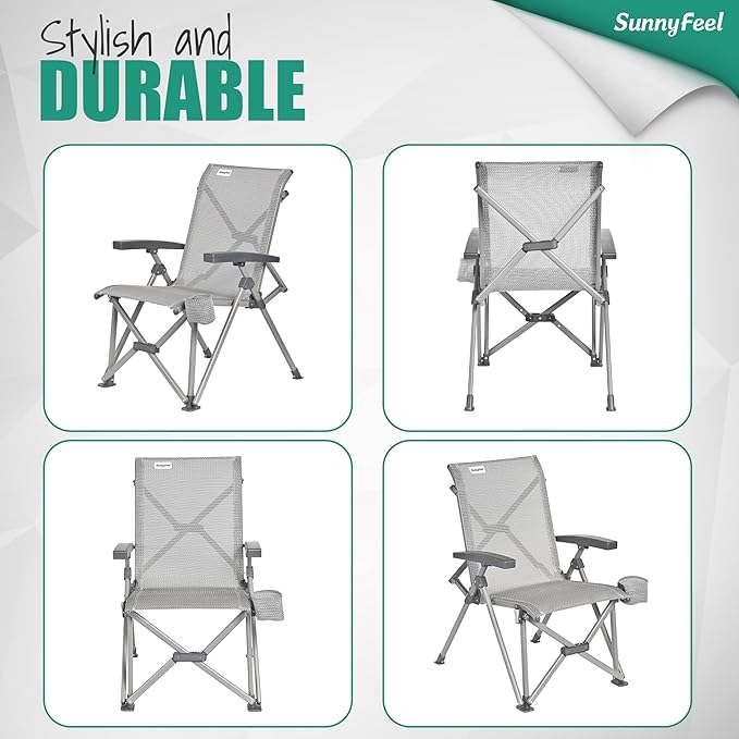 SUNNYFEEL Ergonomic High-Back Camping Chair - 1 Second Folding Chair with 500lbs Capacity, Breathable Back Support for Outdoor, Lawn, Hiking, Fishing (Grey)