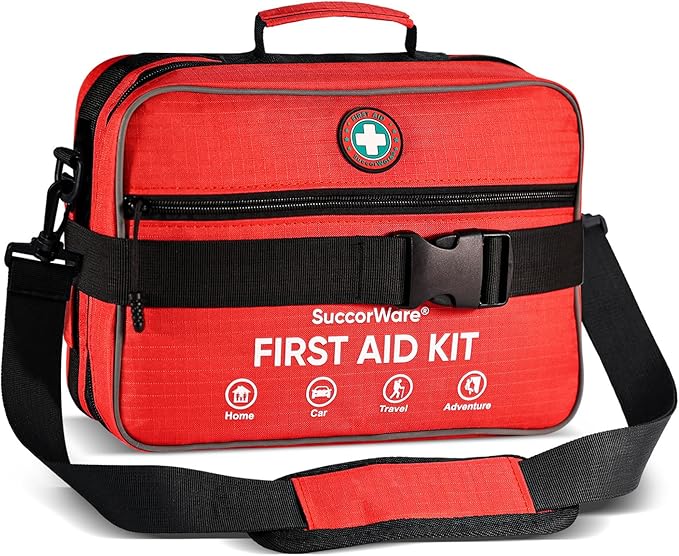 Professional 435 Pieces Large First Aid Kit - Includes Compressed Gauze - Compartments Emergency Medical Kit for Home, Camping, Backpacking, Travel, Boat, Car,Outdoors (Red)