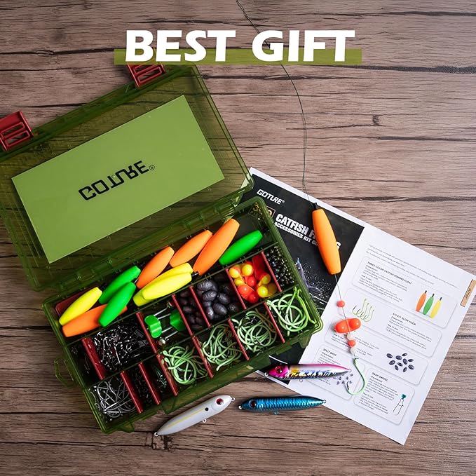 Goture Catfish Rig Making Kit,301pcs Catfishing Tackle with Luminous Fishing Hook Swivel Sinker Weights Rattle Float Bobber Stoppers,Catfish Rigs Accessories with 3600 Tackle Box,Gifts for Men