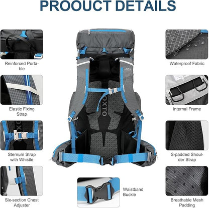 55L Internal Frame Waterproof Hiking Camping Backpack with 3L Water Bladder and Rain Cover, Large Lightweight Travel Daypack Rucksack for Climbing (8120 Dark Gray)