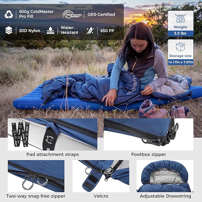ATEPA Down Sleeping Bag for Adults, 650FP Recycled Wearable Ultralight 3 Season Packable Compact Waterproof Sleeping Bag with Compression Sack for Backpacking Camping Hiking