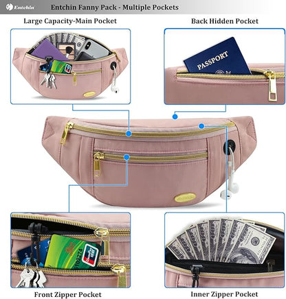 Entchin Fanny Pack for Women Men,Crossbody Belt Bag with 4-Zipper Pockets,Adjustable Waist Bag Pack,One of the Most Popular Travel Essential Gifts for Walking,Traveling,Cycling