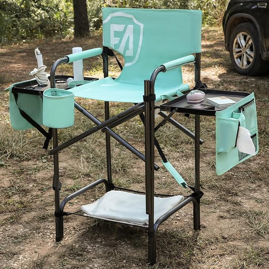 EVER ADVANCED 31" Tall Portable Makeup Artist Chair for Clients Directors Chair with Two Side Tables, Foldable Folding Chair for MUA, Craft Shows, Hair Stylist, Salons, Movie Sets 350LBS Green