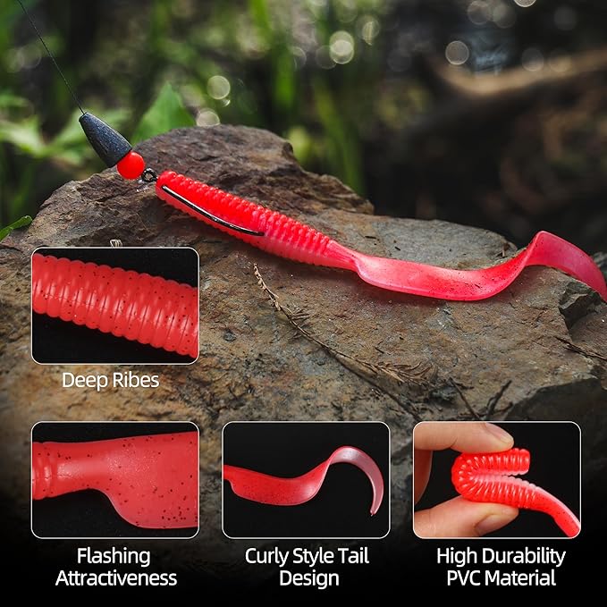 Curly Style Tail Worms Fishing Lures – Realistic Wavy Tail Soft Bait Grub Swimbaits for Saltwater & Freshwater Fishing, Available in 4 Inch & 6 Inch, Perfect for Bass, Trout, Crappie, & More