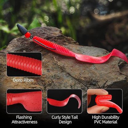 Curly Style Tail Worms Fishing Lures – Realistic Wavy Tail Soft Bait Grub Swimbaits for Saltwater & Freshwater Fishing, Available in 4 Inch & 6 Inch, Perfect for Bass, Trout, Crappie, & More
