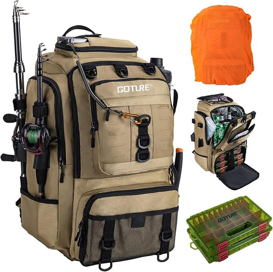 Goture 40L Fishing Tackle Backpack with Cooler and 2 3600 fishing tackle trays, 900D Water-Resistant Tackle Backpack with Removable Bait Binder, 2 Rod Holders and Rain Cover, Khaki fishing bag