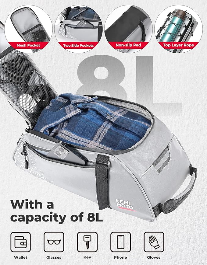 KEMIMOTO Rear Bike Rack Bag, 8L Full Reflective PVC Water Resistant Bicycle Trunk for Road and Mountain Bikes, Ebike Rack Bag with Side Pockets for Cycling Travel Commute