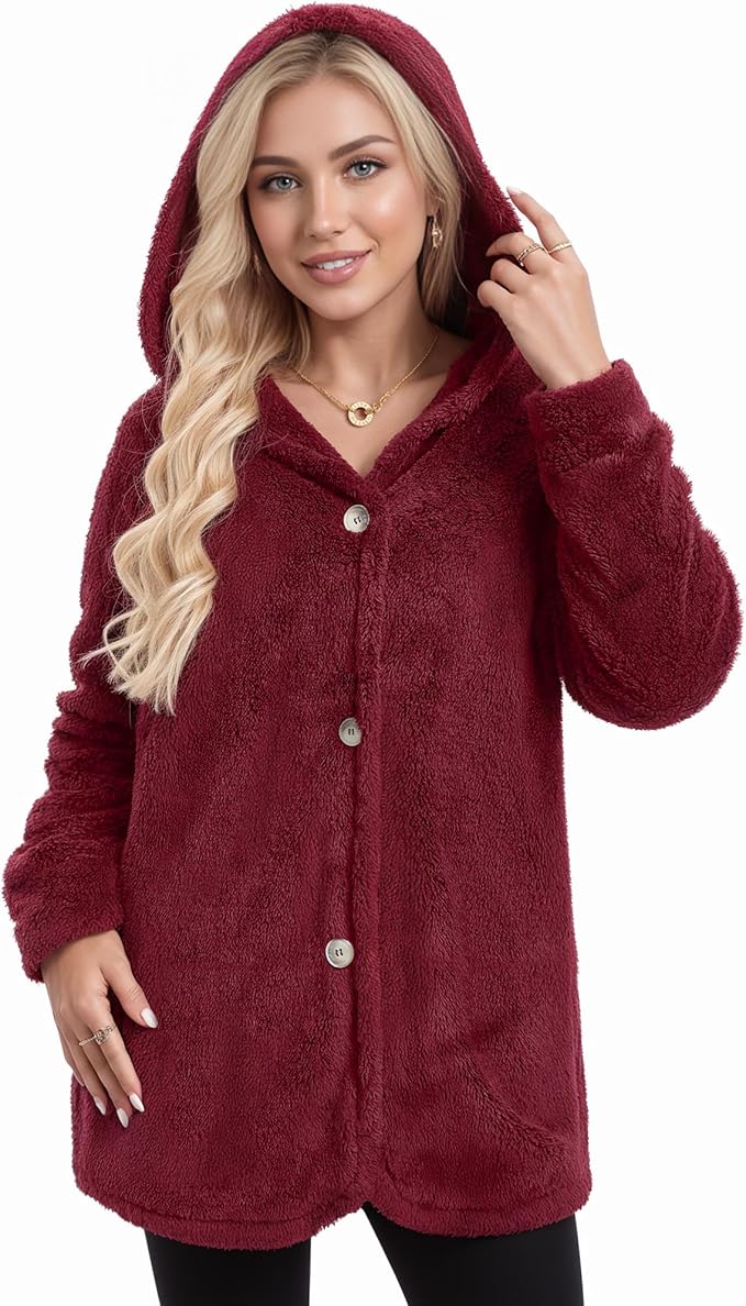 MANGOPOP Womens Fleece Jacket 2025 Winter Oversized Fuzzy Hooded Coat Button Cardigan Sherpa Sweaters Outerwear with Pockets