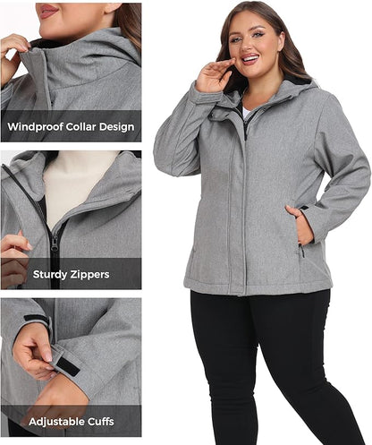 wantdo Women's Plus Size Softshell Jackets Hooded Warm Fleece Lined Windbreaker