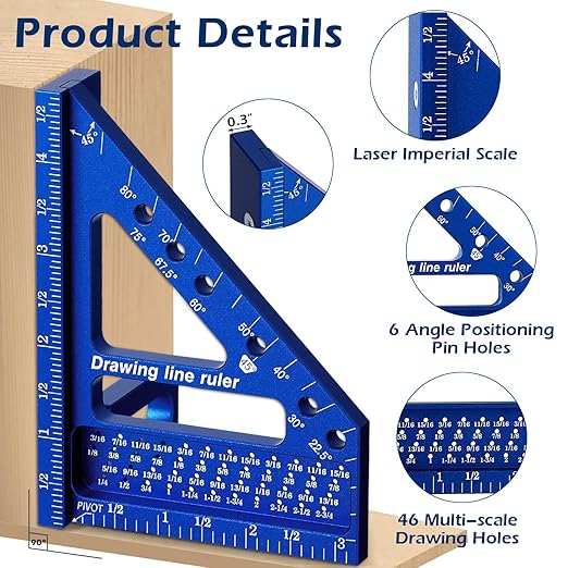 3D Multi-Angle Measuring Ruler -Precision Woodworking 3D Square Protractor 22.5-90 Degree and Miter Triangle Ruler - Aluminum Alloy Drawing Line Ruler for Engineer Carpenter and Craftsmen Blue