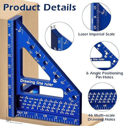 3D Multi-Angle Measuring Ruler -Precision Woodworking 3D Square Protractor 22.5-90 Degree and Miter Triangle Ruler - Aluminum Alloy Drawing Line Ruler for Engineer Carpenter and Craftsmen Blue