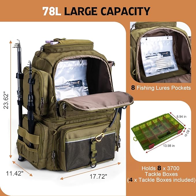Goture Fishing Backpack with 4 Tackle Boxes, 78L 600D Water-Resistant Tackle Backpack with Cooler,Rod Holders, 8 Lure Pockets, Rain Cover, Large Fishing Bag Storage Gear Tackle Bag for Camping Hiking