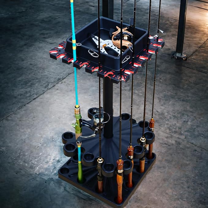 Freestanding Rotating Fishing Rod Rack, Home Display Organizer, Tool-Free Assembly, Holds up to 24 Rods, with Rolling Wheels (Holds up to 24 Rods Without Rolling Wheels)