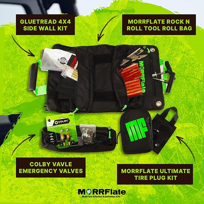 MORRFlate Xtreme 4×4 Tire Repair Kit Complete Off-Road Tire Repair Includes Tool Roll Bag, Tire Plug Kit, GlueTread Sidewall Tire Repair Kit, and Two Colby Valve Permanent Valve Stem Replacements