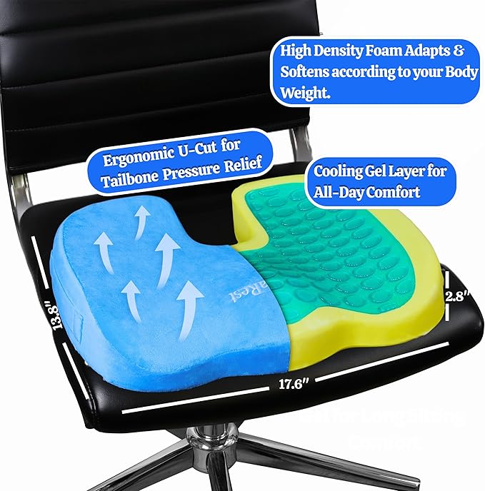 LuminaRest® Gel Seat Cushion for Tailbone Pain Relief – CertiPUR-US® Certified Memory Foam Office Chair Cushion, Car Seat Cushion for Sciatica & Back Support – Ergonomic U-Shaped Design (Blue)