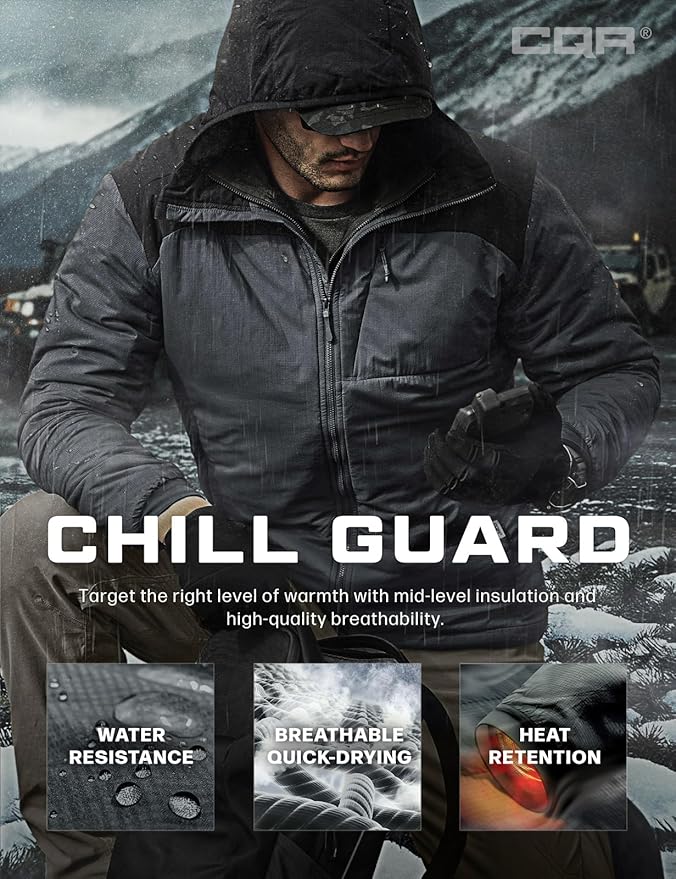 CQR Men's Lightweight Insulated Jacket, Windproof Packable Water Resistant Warm Active Coat for Hiking Work Outdoor Tactical