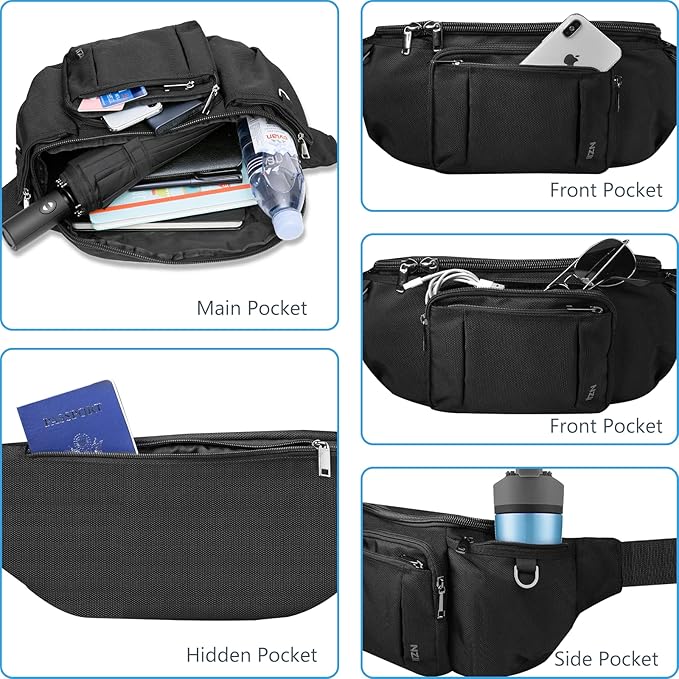 Sports Fanny Pack for Men Women, Outdoor Waist Pack Bag with 6 Zipper Pockets, Super Capacity Bum Bag with Adjustable Belt for Traveling Hiking Cycling Workout Casual