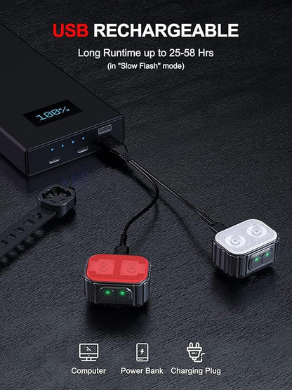 Bike Lights, Rechargeable Bicycle Lights Set Super Bright 8+12 Modes, IPX6 Waterproof Bike Lights for Night Riding/Cycling Safety, Front and Back Taillight Reflectors, 58 Hrs Long Battery Life