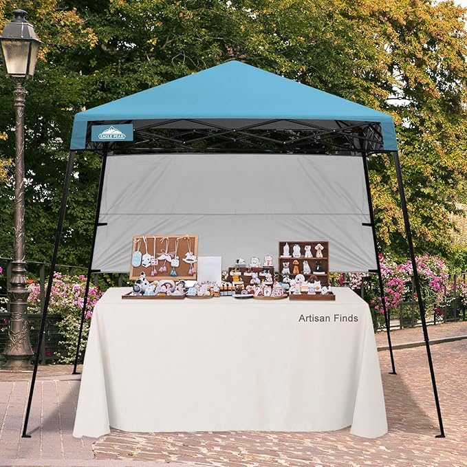 EAGLE PEAK 8x8 Pop Up Canopy Tent with Sidewall, Compact, Portable Slant Leg Instant Sun Shelter for Beach, Sports, & Camping, 8x8 Base 6x6 Top, Light Blue