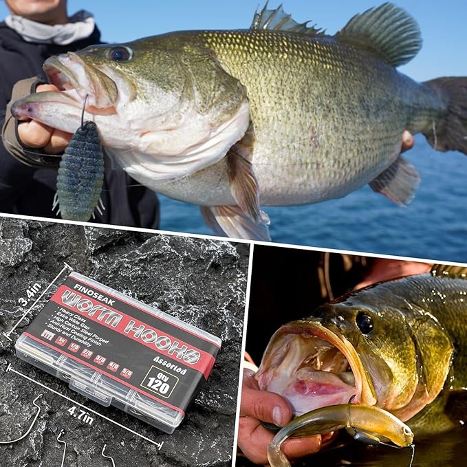 120Pcs Bass Hooks Set, Strong Offset Bass Fishing Hooks Freshwater Barbed Sharp Worm Hooks for Texas Rigging Fishing Extra Wide Gap 6 Sizes Assorted #1 1/0 2/0 3/0 4/0 5/0