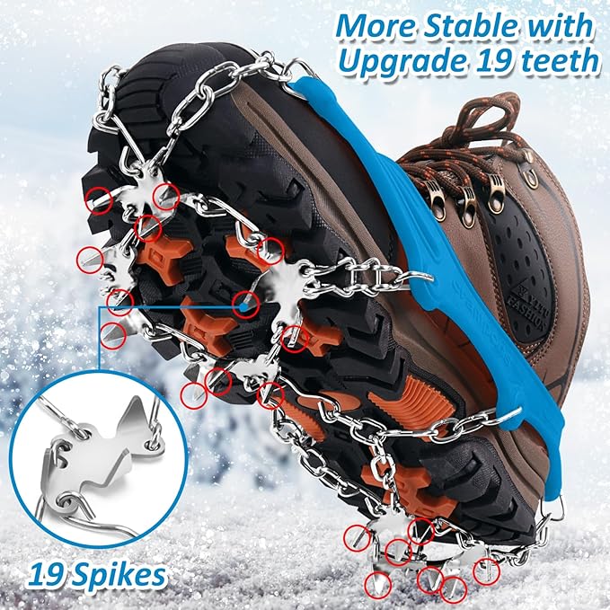 WIN.MAX Crampons for Shoes, Traction Cleats Ice Snow Grips with 19 Stainless Steel Spikes, Shoe Talons Anti - Slip Boots Spikes for Walking, Jogging, Climbing and Hiking
