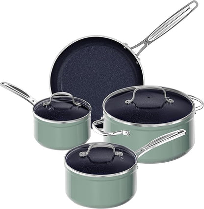 Nuwave 7pc Cookware Set Healthy Duralon Blue Ceramic Nonstick Coated, Diamond Infused Scratch-Resistant, PFAS Free, Oven Safe, Induction Ready & Evenly Heats, Tempered Glass Lids & Stay-Cool Handle